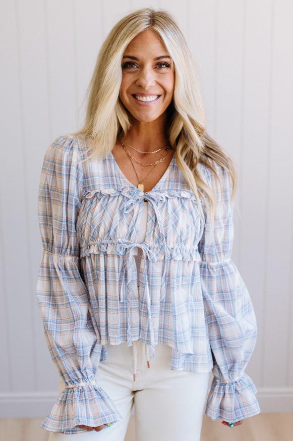 High Low Plaid Tie Front Peplum