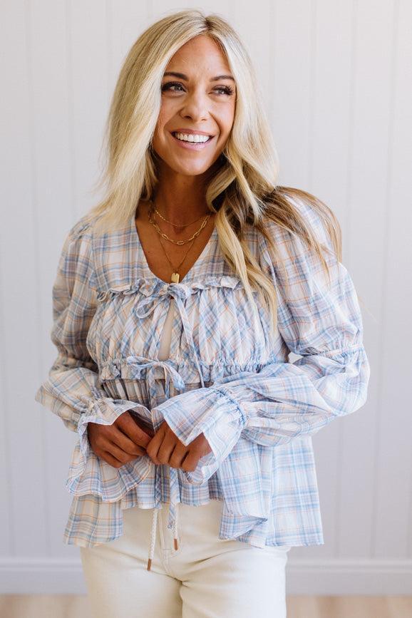 High Low Plaid Tie Front Peplum
