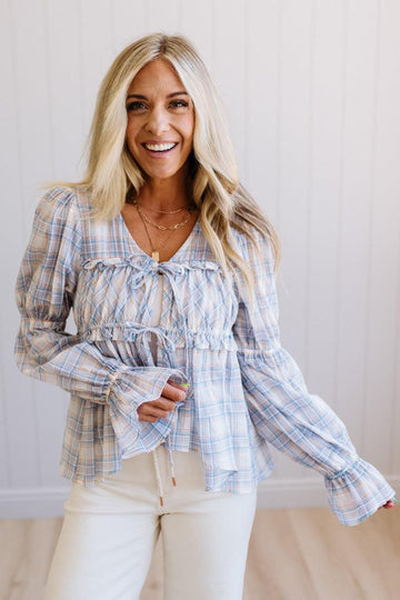High Low Plaid Tie Front Peplum