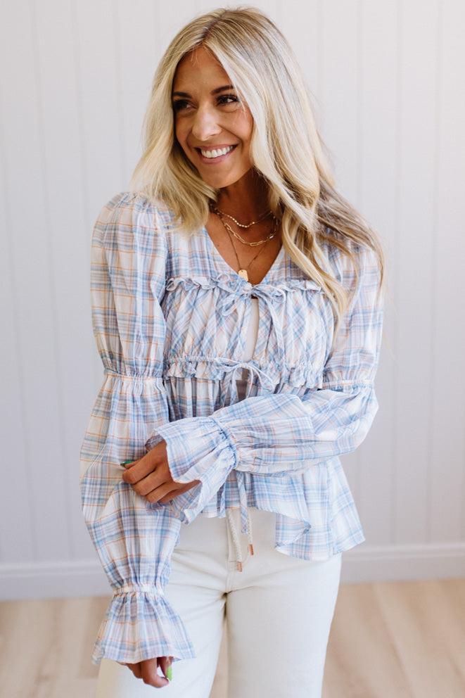 High Low Plaid Tie Front Peplum