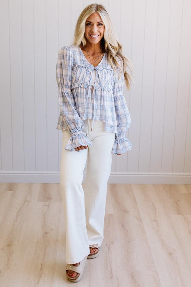 High Low Plaid Tie Front Peplum