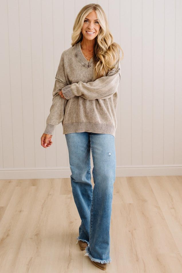 Kaity Acid Wash V-Neck Sweater