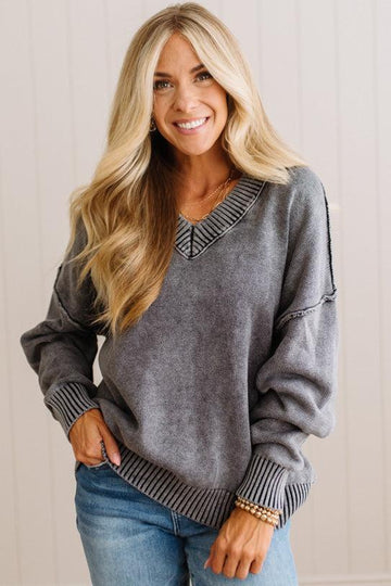 Kaity Acid Wash V-Neck Sweater