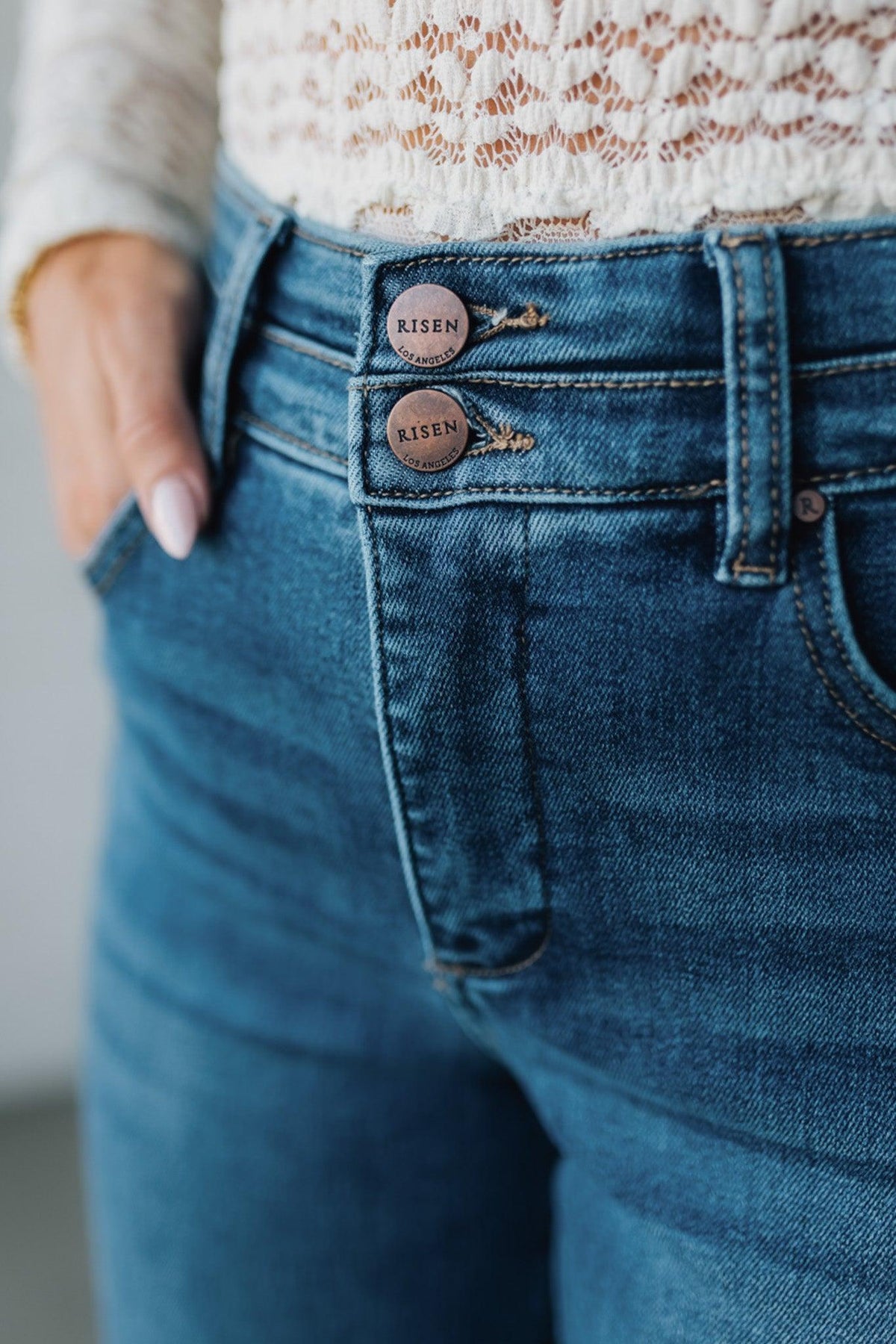 Kat High Rise Double Button Wide Leg Jeans - RISEN