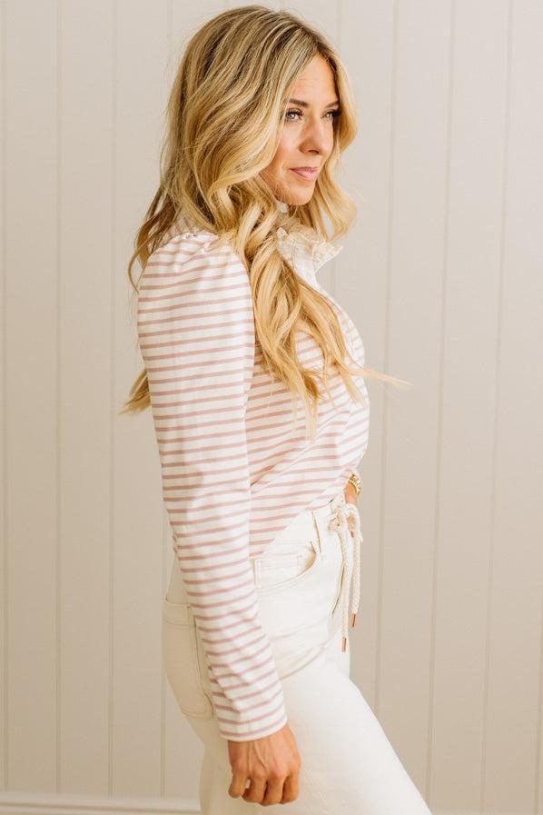 Lace Neckline Striped Polo
