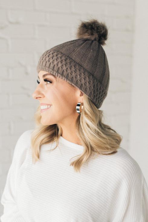Lattice Knit Fur Pom Beanie