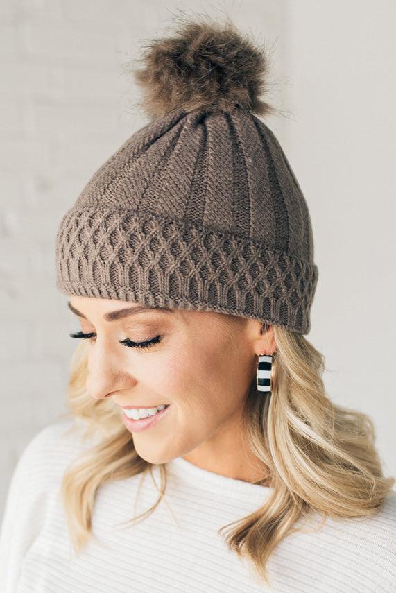 Lattice Knit Fur Pom Beanie
