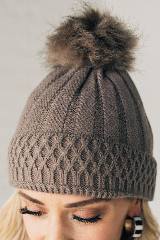 Lattice Knit Fur Pom Beanie