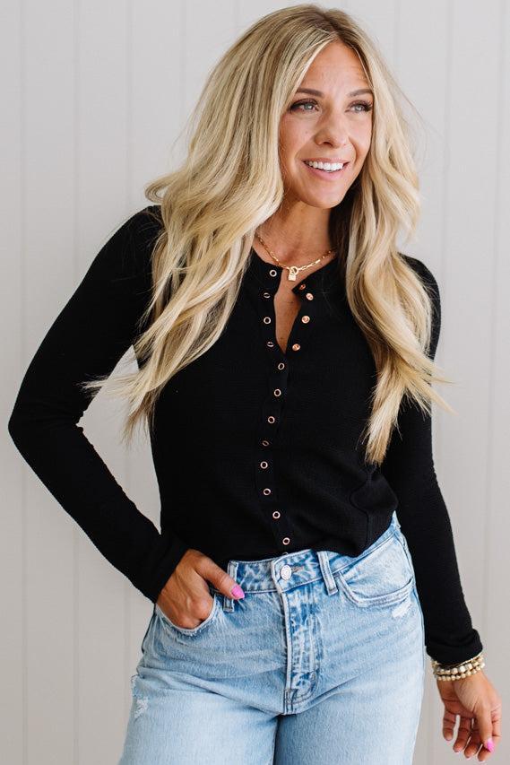 Lauren Snap Front Long Sleeve Waffle Tee