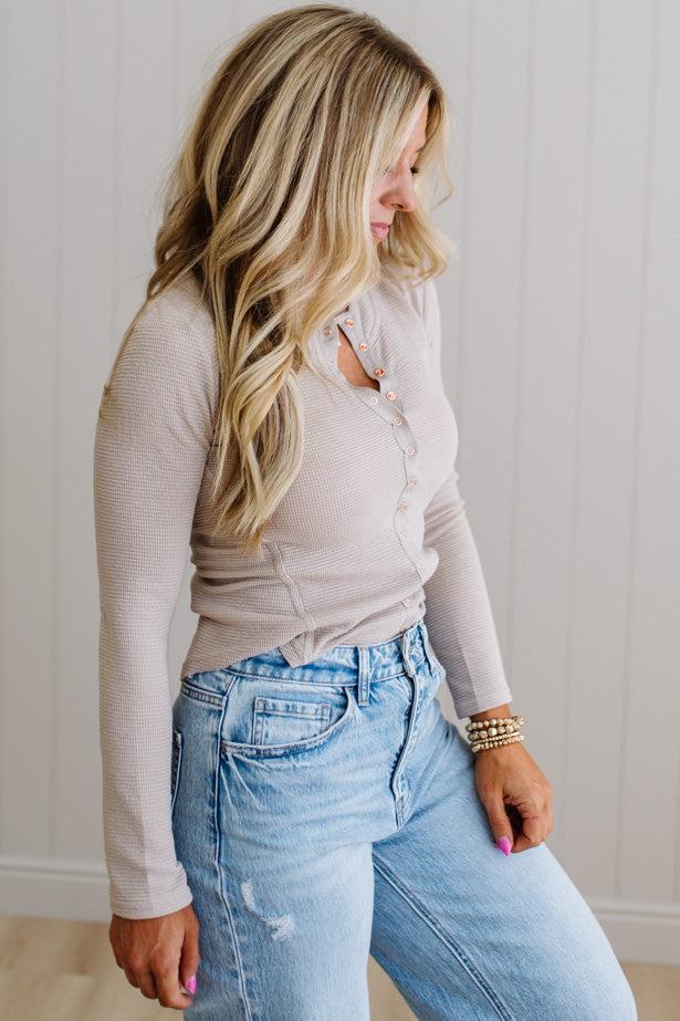 Lauren Snap Front Long Sleeve Waffle Tee
