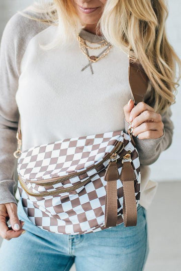 Leena Double Zipper Crossbody Bag | Mocha/White Check