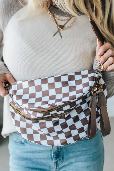 Leena Double Zipper Crossbody Bag | Mocha/White Check