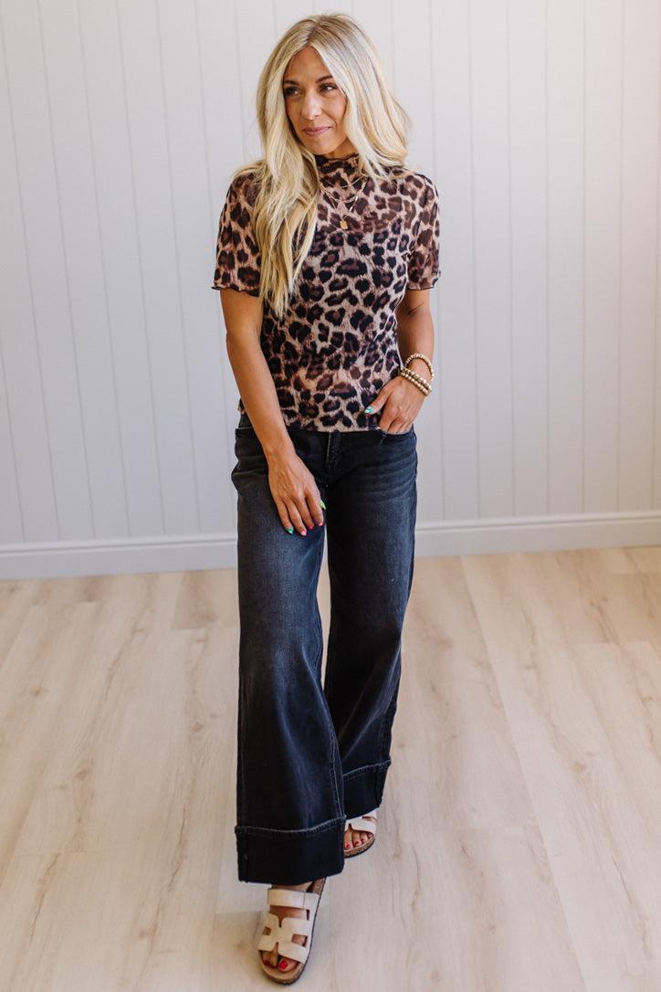 Leopard Mock Neck Mesh Top