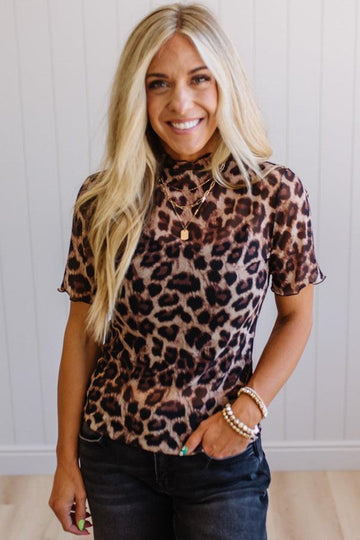 Leopard Mock Neck Mesh Top
