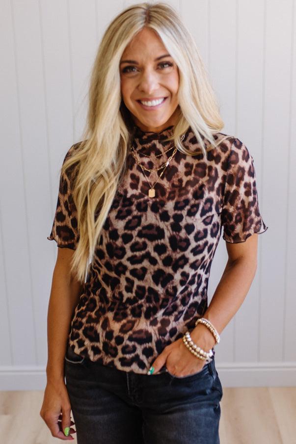 Leopard Mock Neck Mesh Top
