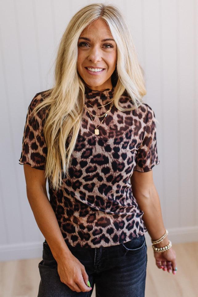 Leopard Mock Neck Mesh Top