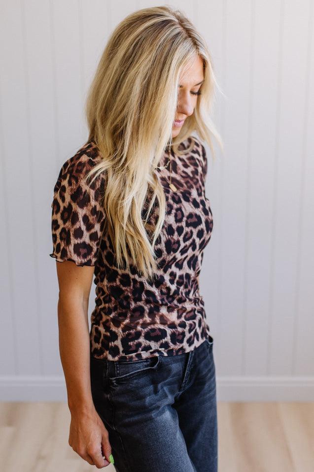 Leopard Mock Neck Mesh Top
