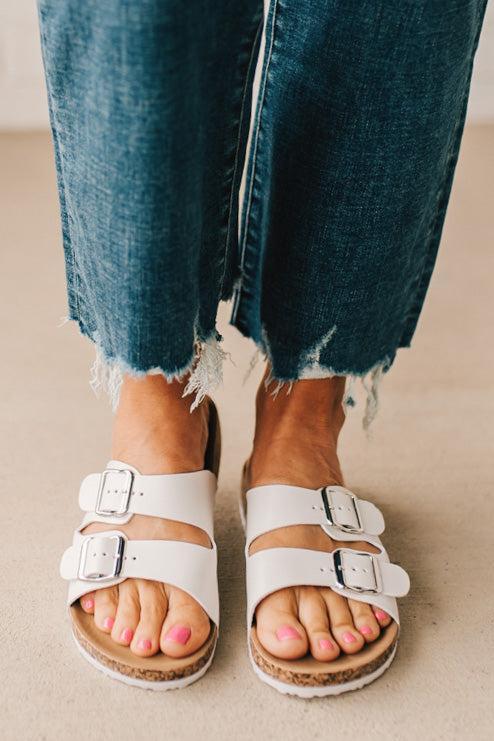Maura Double Strap Slides | White