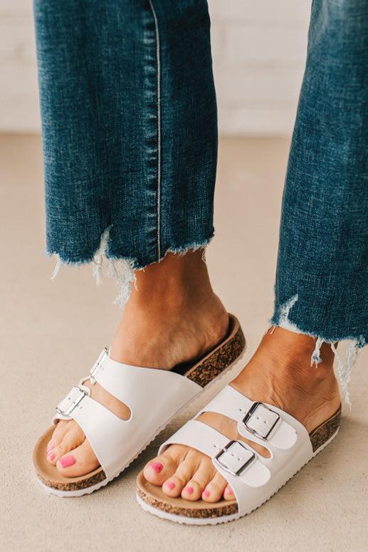Maura Double Strap Slides | White