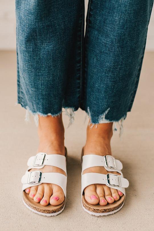 Maura Double Strap Slides | White