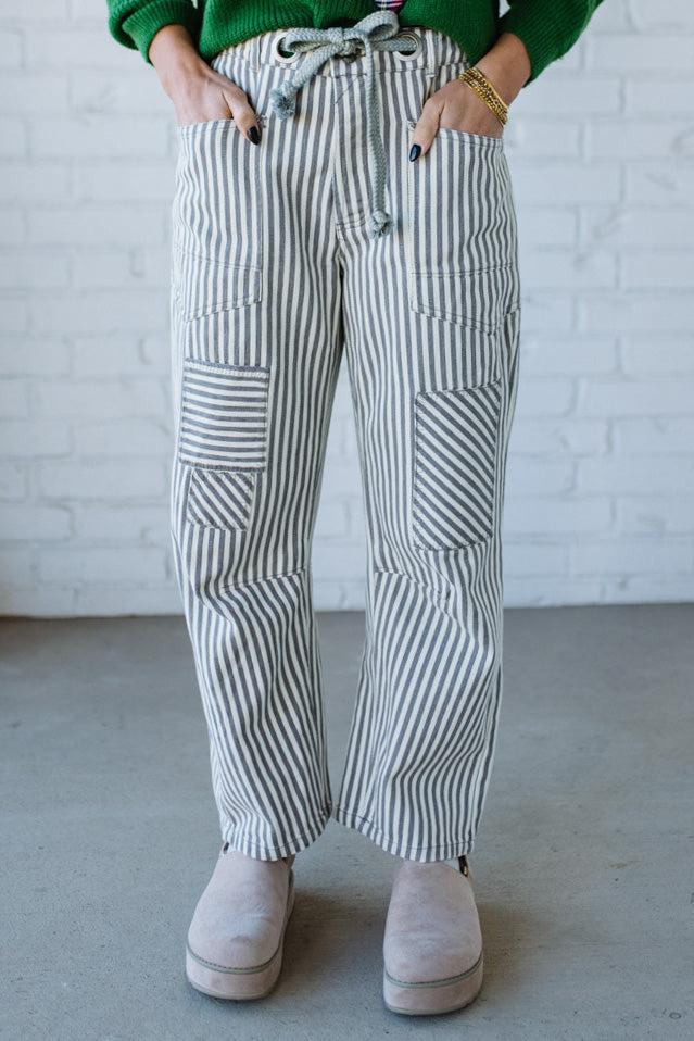 Mia Striped Drawstring Barrel Jeans | Grey - SO ME