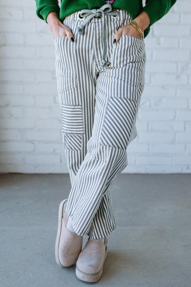 Mia Striped Drawstring Barrel Jeans | Grey - SO ME