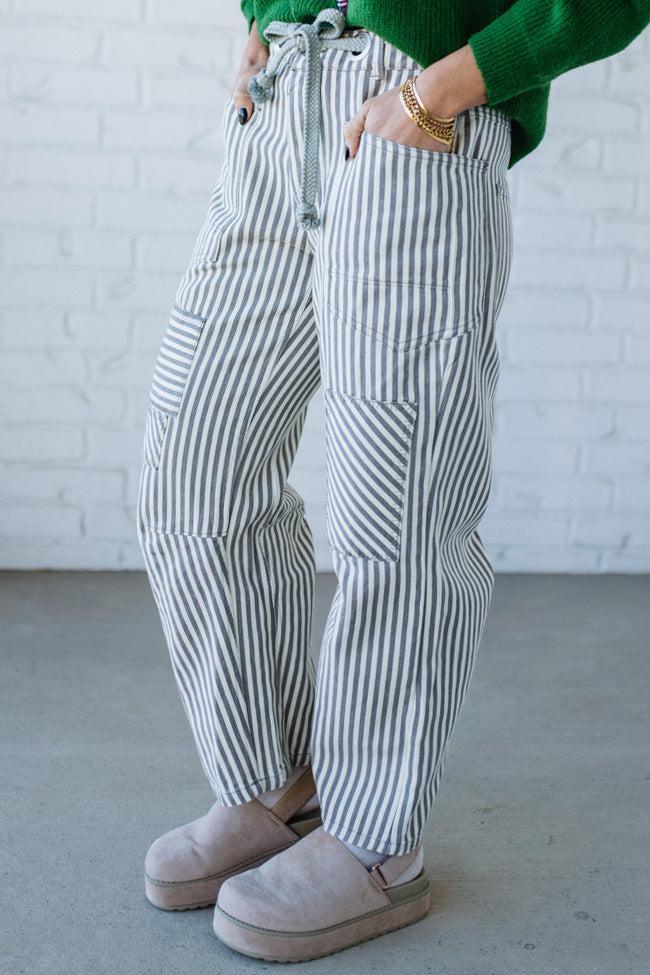 Mia Striped Drawstring Barrel Jeans | Grey - SO ME