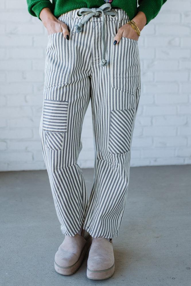 Mia Striped Drawstring Barrel Jeans | Grey - SO ME