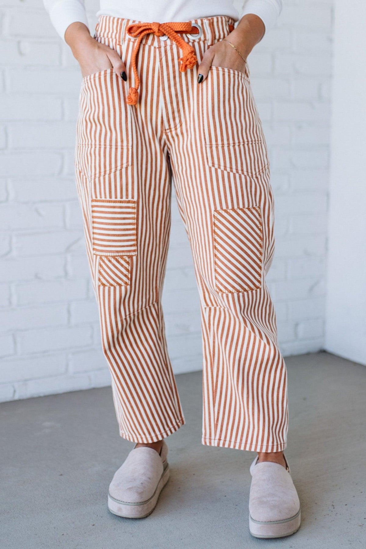 Mia Striped Drawstring Barrel Jeans | Rust - SO ME