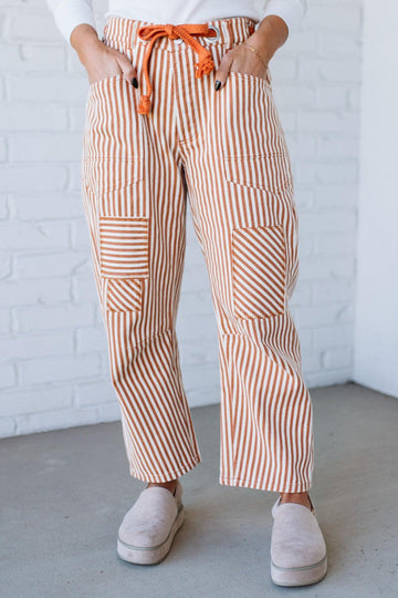 Mia Striped Drawstring Barrel Jeans | Rust - SO ME