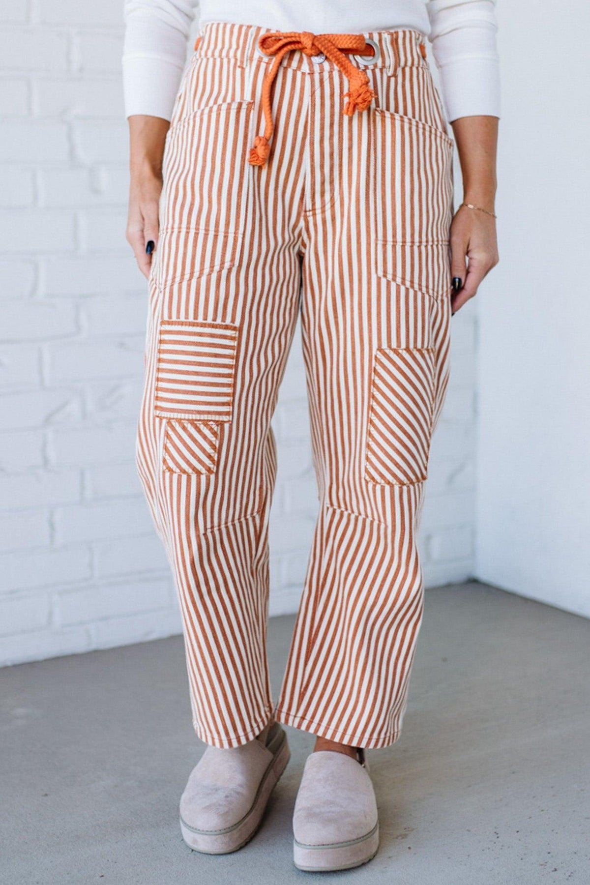 Mia Striped Drawstring Barrel Jeans | Rust - SO ME