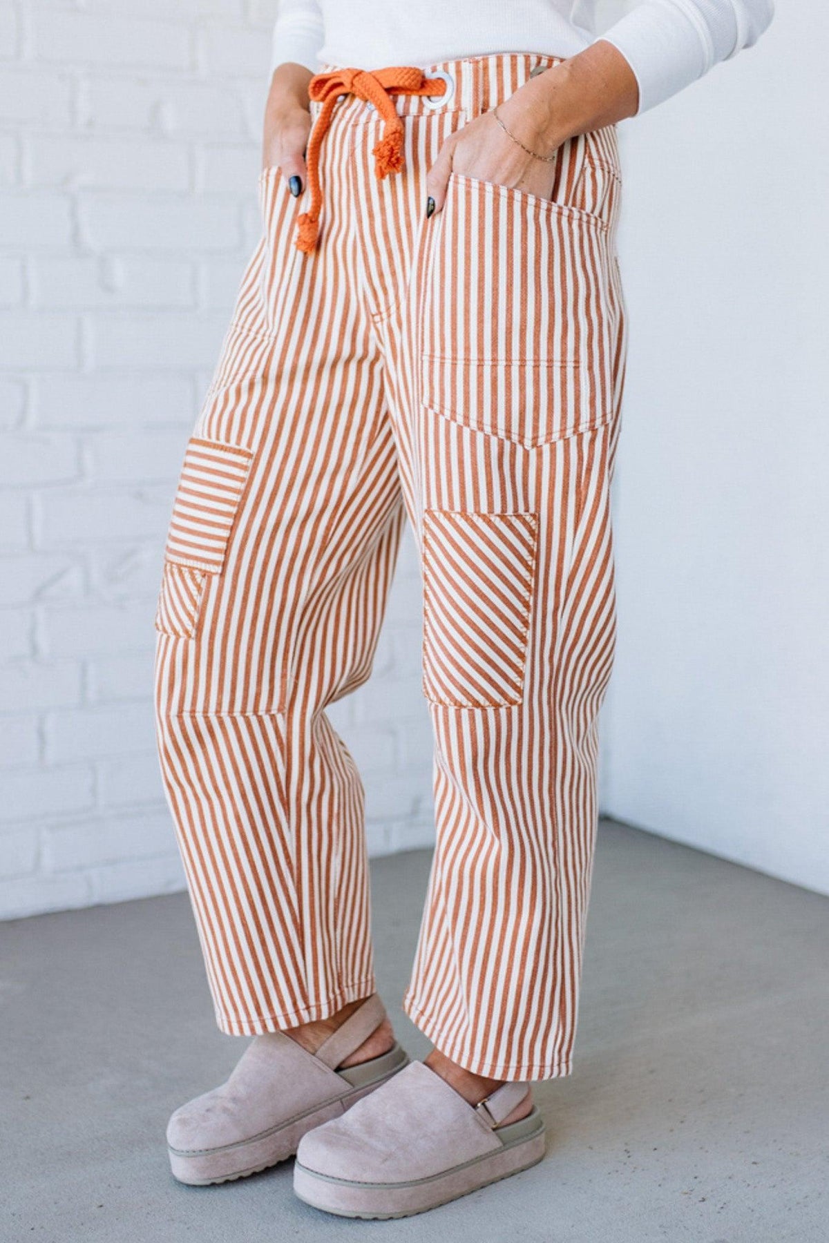 Mia Striped Drawstring Barrel Jeans | Rust - SO ME