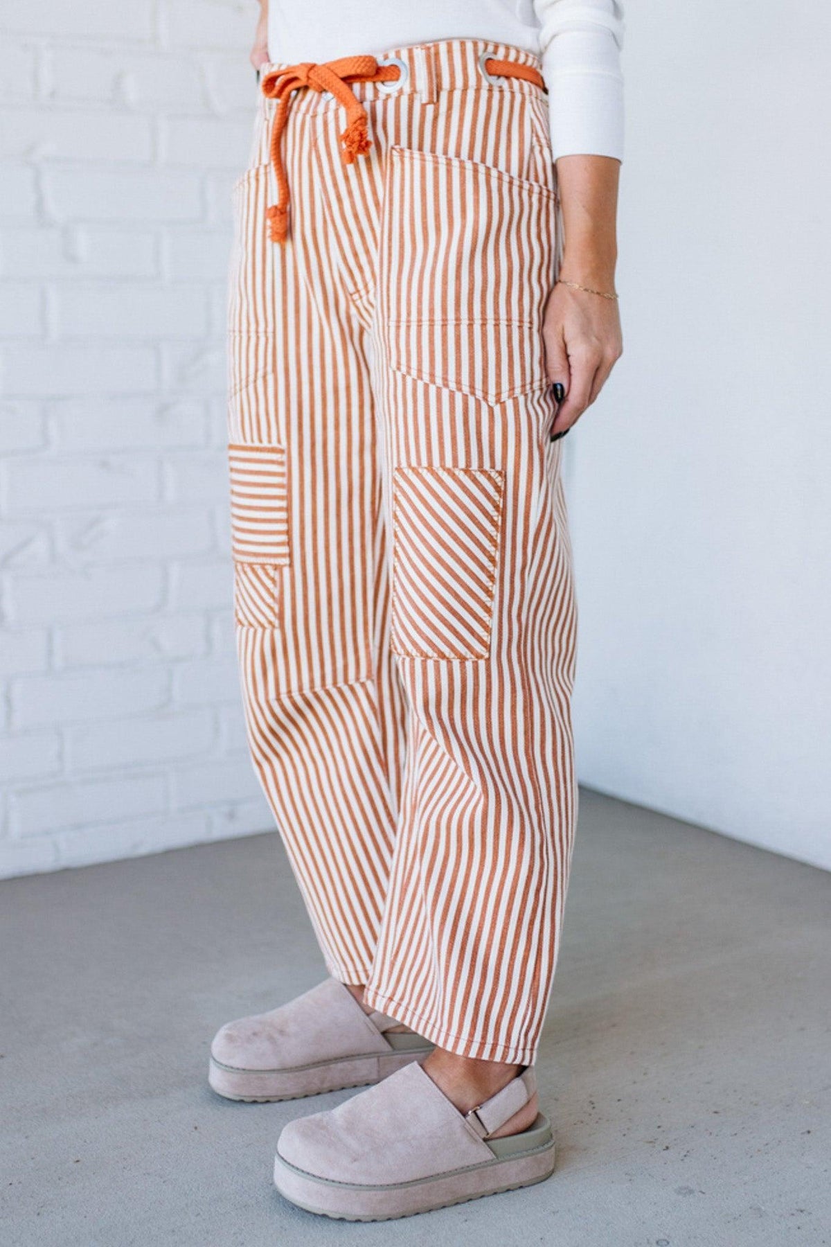 Mia Striped Drawstring Barrel Jeans | Rust - SO ME
