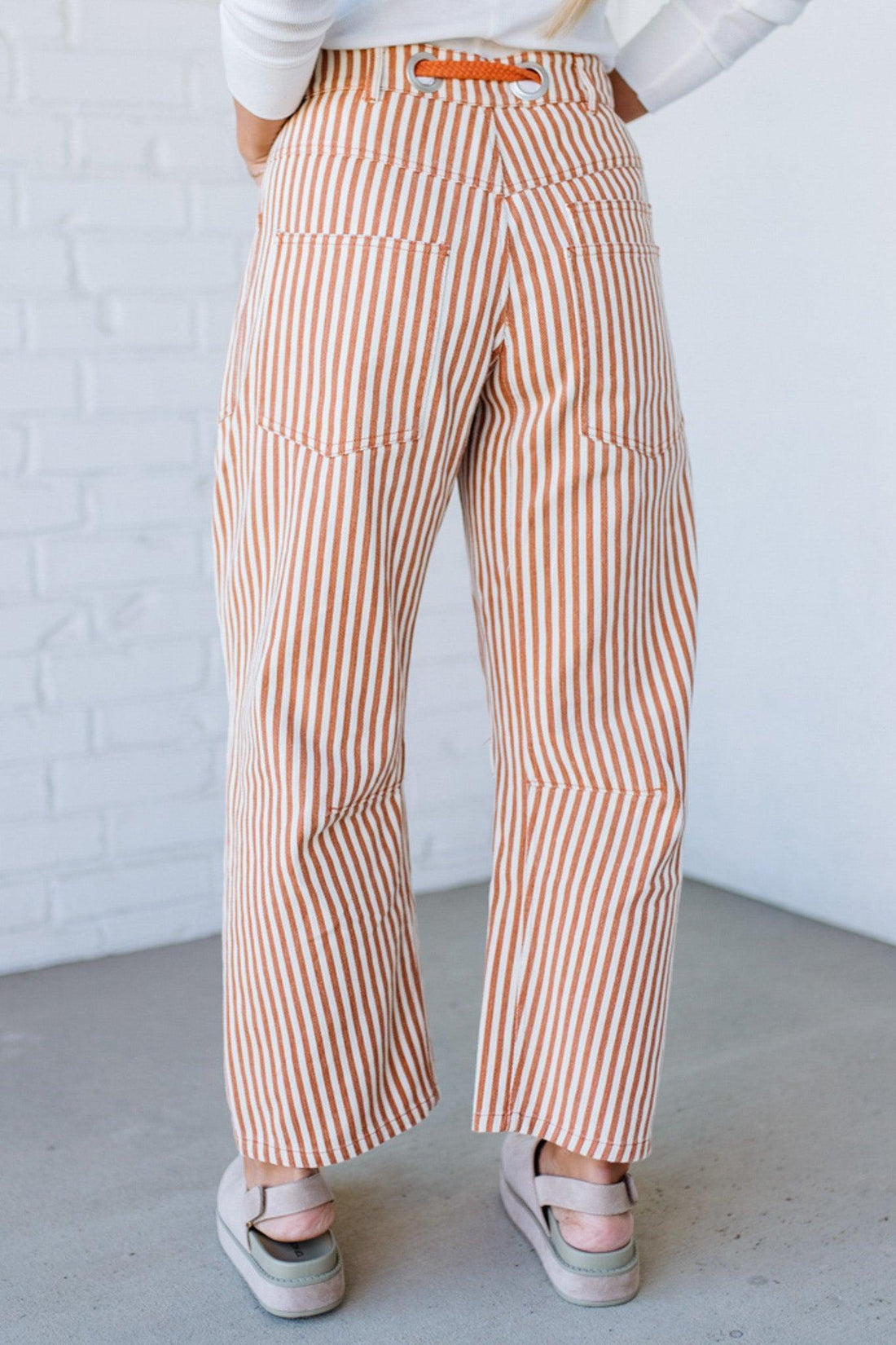 Mia Striped Drawstring Barrel Jeans | Rust - SO ME