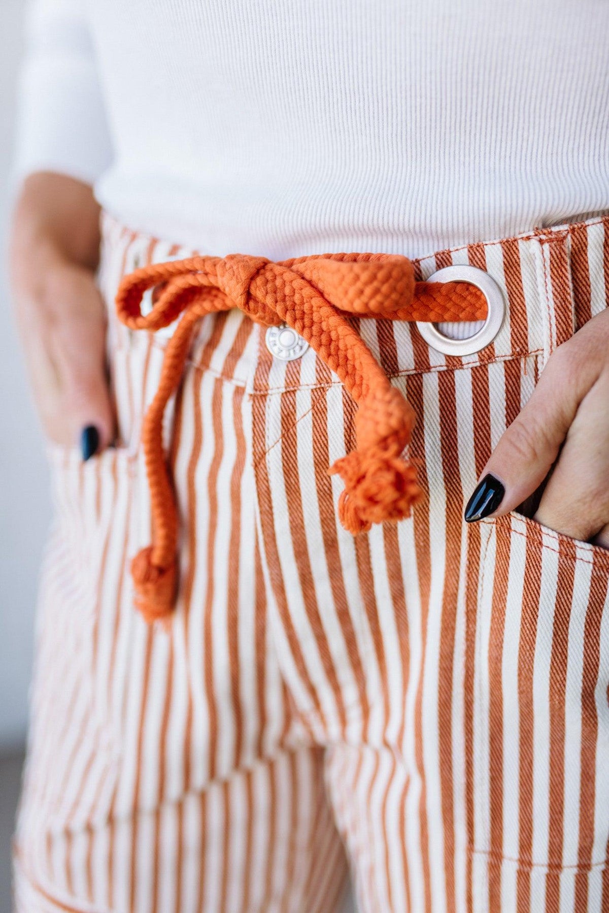 Mia Striped Drawstring Barrel Jeans | Rust - SO ME