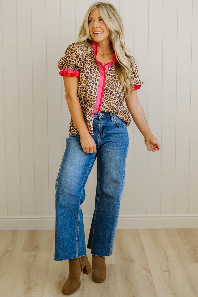 Portia Leopard Contrast Trim Short Sleeve Top