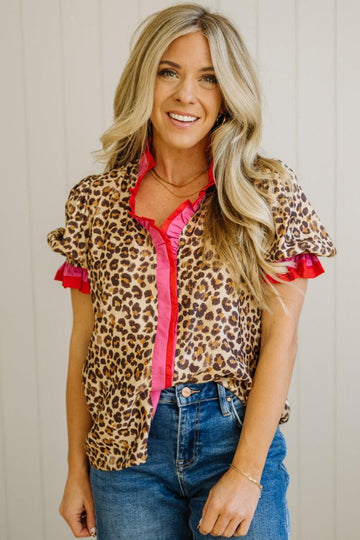 Portia Leopard Contrast Trim Short Sleeve Top