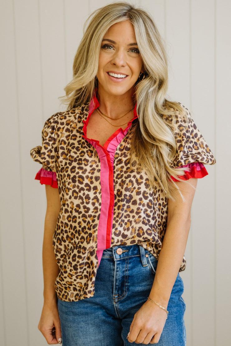 Portia Leopard Contrast Trim Short Sleeve Top