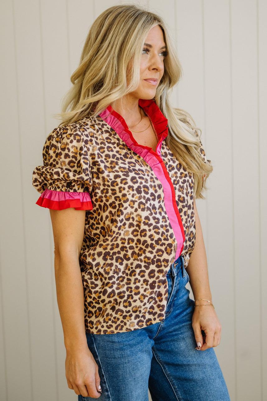 Portia Leopard Contrast Trim Short Sleeve Top