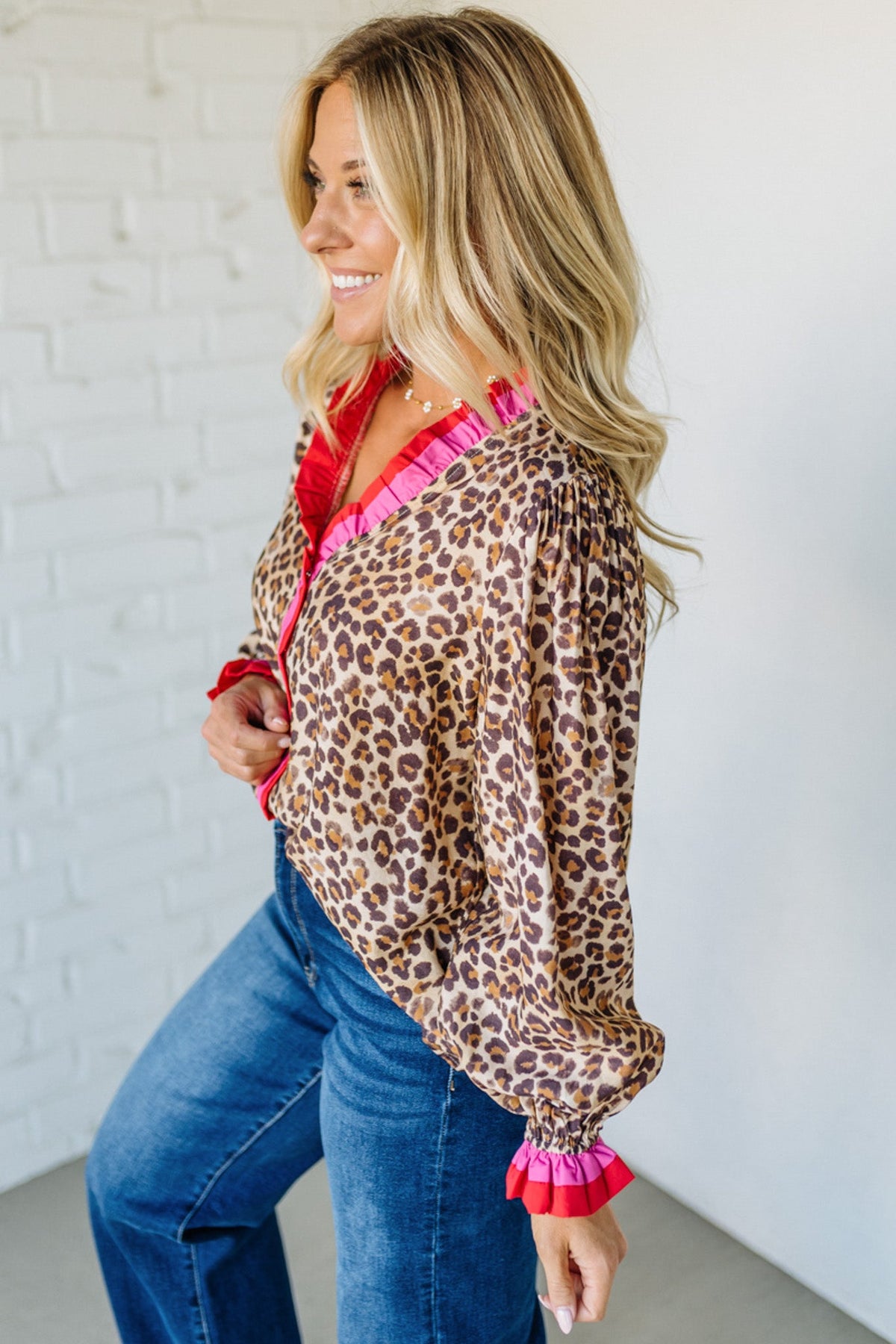 Portia Leopard Contrast Trim Top