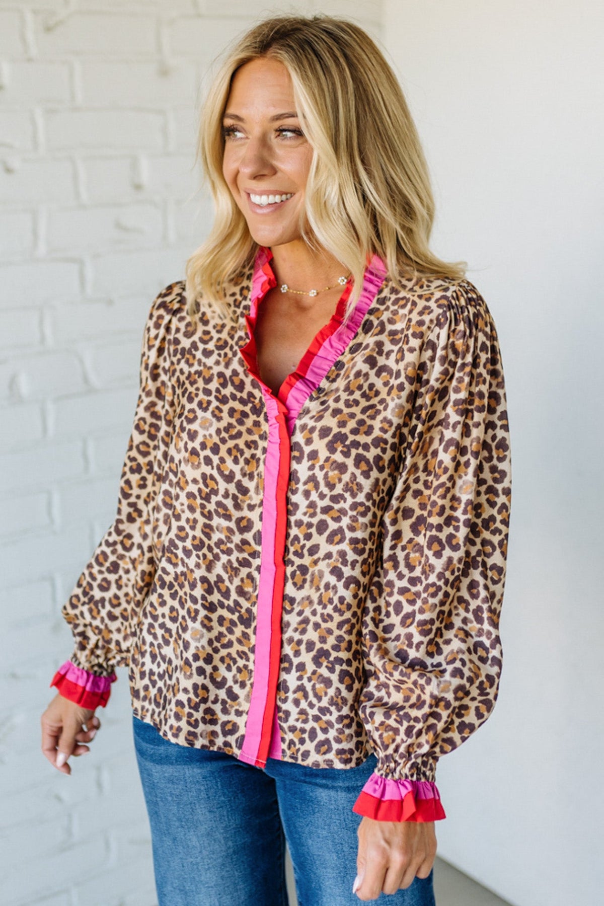 Portia Leopard Contrast Trim Top