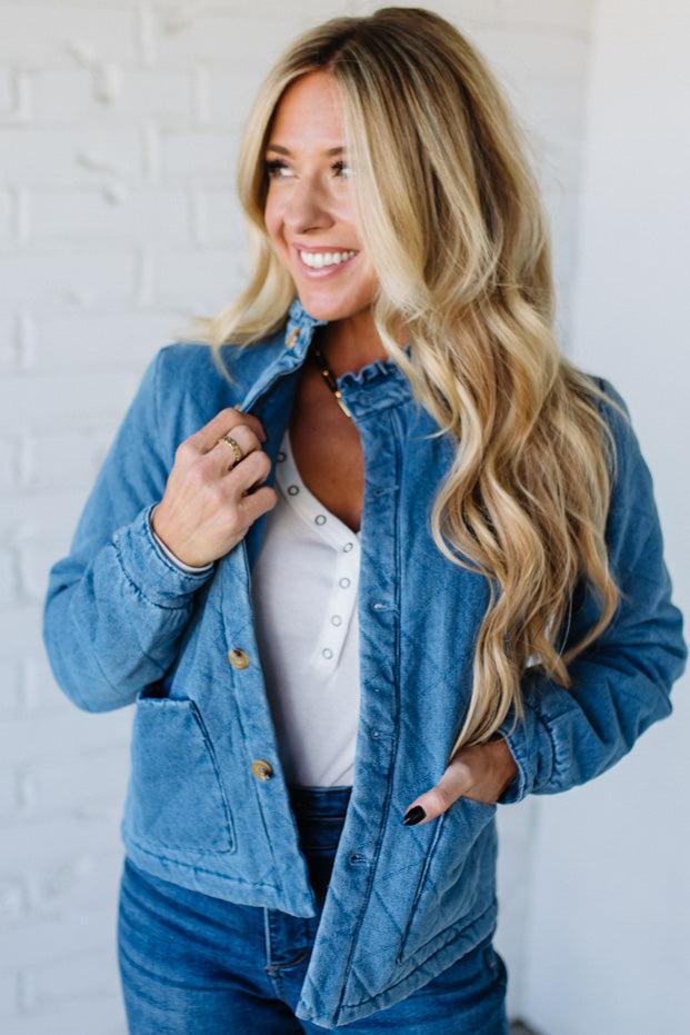 Quilted + Ruffled Lined Denim Jacket
