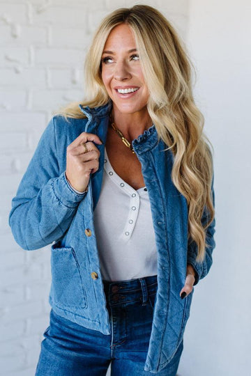 Quilted + Ruffled Lined Denim Jacket
