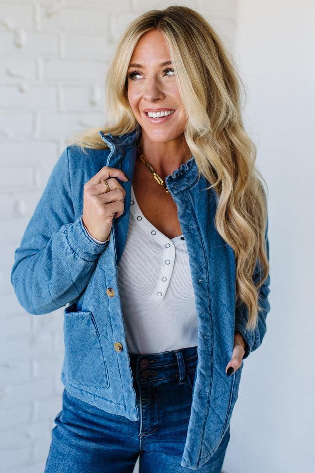 Quilted + Ruffled Lined Denim Jacket