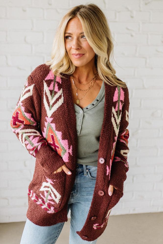 Chenille Geometric Buttoned Cardigan