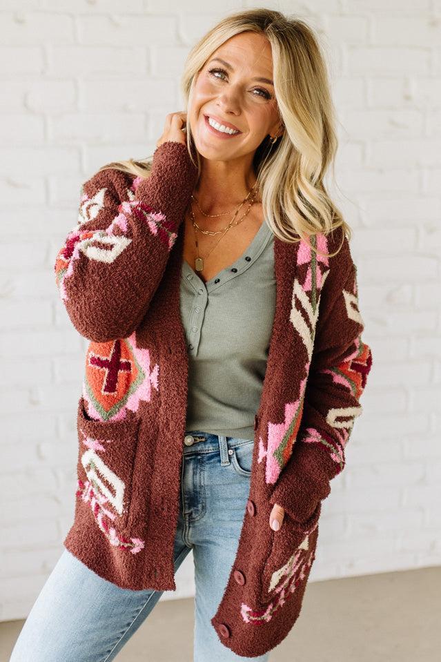 Chenille Geometric Buttoned Cardigan