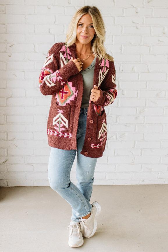 Chenille Geometric Buttoned Cardigan