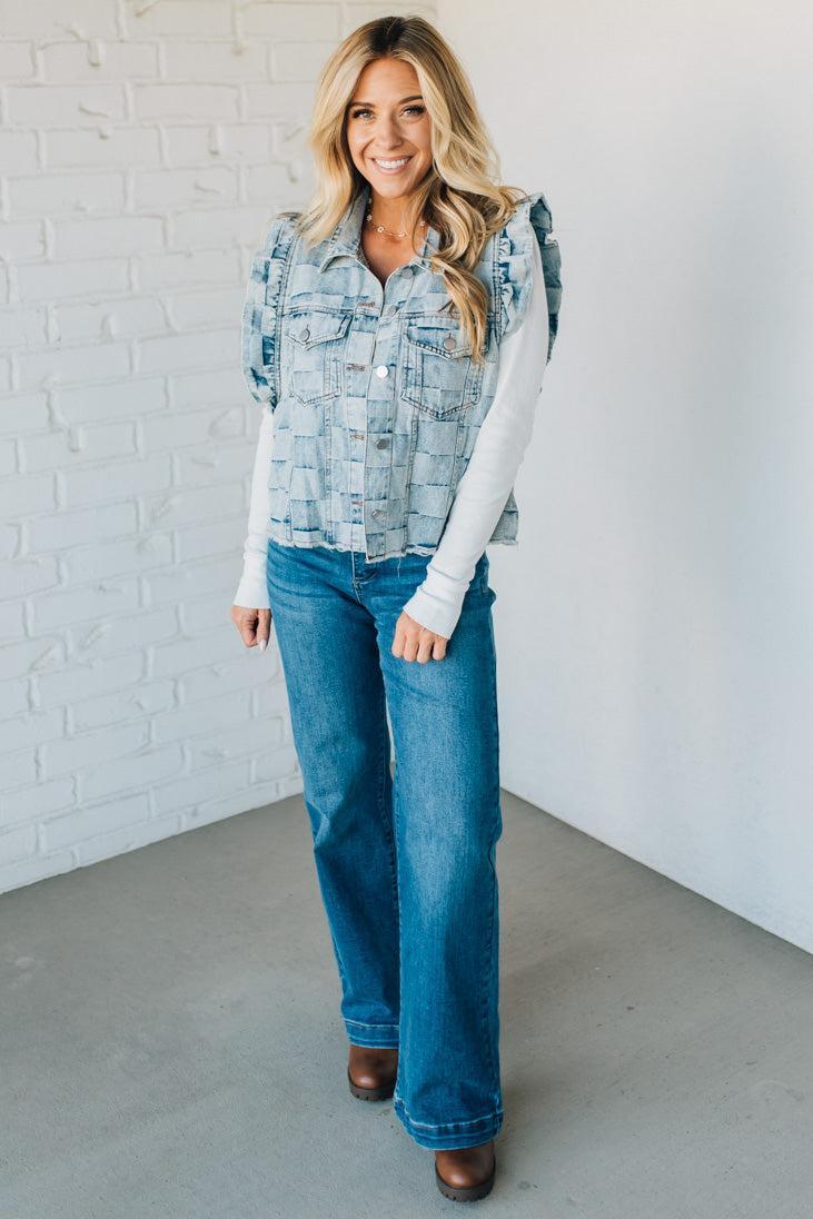 Rae Ruffle Accent Checked Denim Vest
