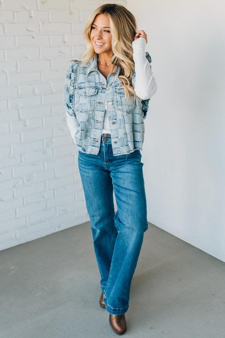 Rae Ruffle Accent Checked Denim Vest