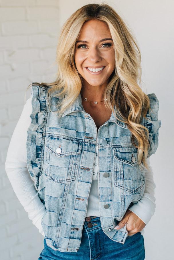 Rae Ruffle Accent Checked Denim Vest